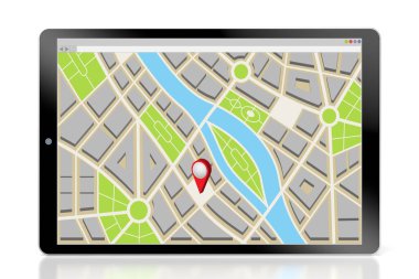 Tablette konum kodlu şehir haritası - 3B illüstrasyon