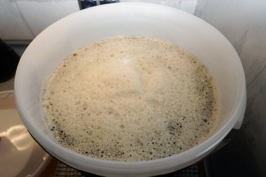 Beer yeast in round plastic fermenter - home brewing concept