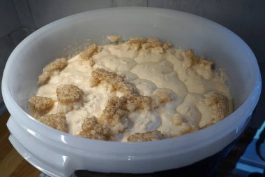 Beer yeast in round plastic fermenter - home brewing concept