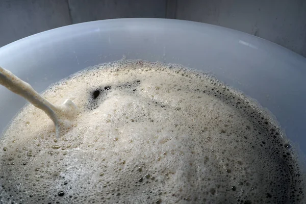 Beer yeast and stirrer in round fermenter - home brewing concept