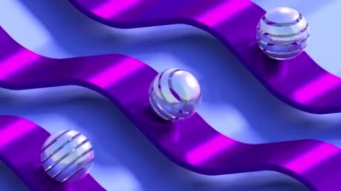 Three striped silver and glass spheres rolling along wavy track. 3D 4k seamless loop animation (3840x2160px)