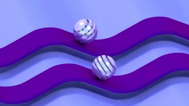 Two striped silver and glass spheres rolling along wavy track. 3D 4k seamless loop animation with rotating camera (3840x2160px)