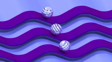 Three striped silver and glass spheres rolling along wavy track. 3D 4k seamless loop animation (3840x2160px)