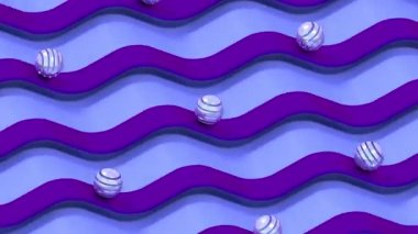 Many striped silver and glass spheres rolling along wavy track. 3D 4k seamless loop animation with rotating camera (3840x2160px)