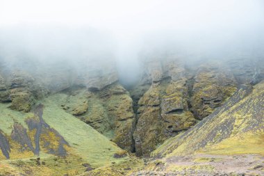Rocks and fog at Raudfeldsgja Gorge on Snaefellsnes Peninsula in Iceland