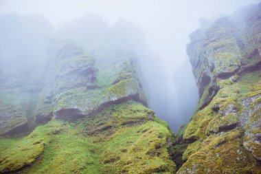 Rocks and fog at Raudfeldsgja Gorge on Snaefellsnes Peninsula in Iceland