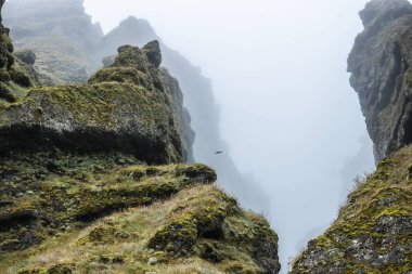 Rocks and fog at Raudfeldsgja Gorge on Snaefellsnes Peninsula in Iceland