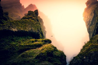 Rocks and fog at Raudfeldsgja Gorge on Snaefellsnes Peninsula in Iceland