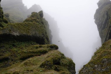 Rocks and fog at Raudfeldsgja Gorge on Snaefellsnes Peninsula in Iceland