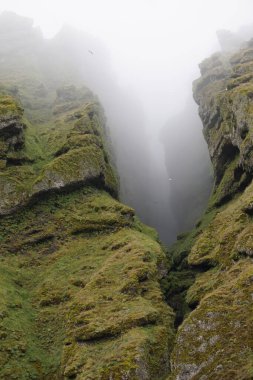 Rocks and fog at Raudfeldsgja Gorge on Snaefellsnes Peninsula in Iceland