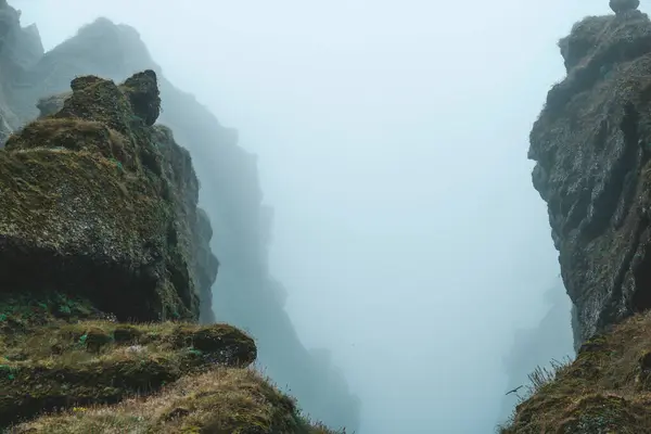 Rocks and fog at Raudfeldsgja Gorge on Snaefellsnes Peninsula in Iceland
