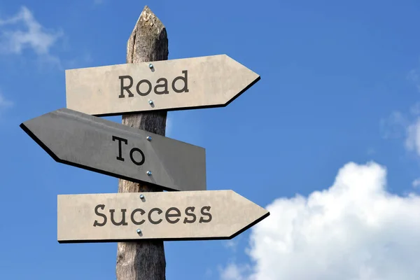 Road Success Wooden Signpost Three Arrows Sky Clouds — Stock Photo, Image