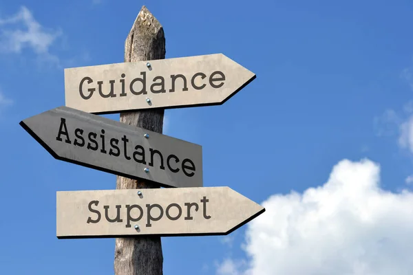 stock image Guidance, assistance, support - wooden signpost with three arrows, sky with clouds