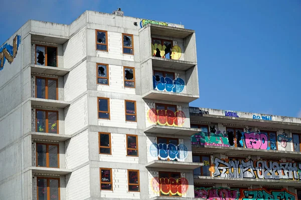 stock image Warsaw, Poland, March 16th 2023 - Unfinished residential building covered with graffiti - abandoned real estate project, bankruptcy concept