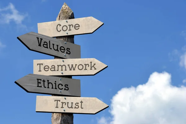 Core Values Teamwork Ethics Trust Wooden Signpost Five Arrows Sky — Stock Photo, Image