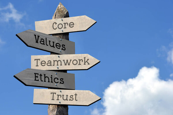 Core, values, teamwork, ethics, trust - wooden signpost with five arrows, sky with clouds