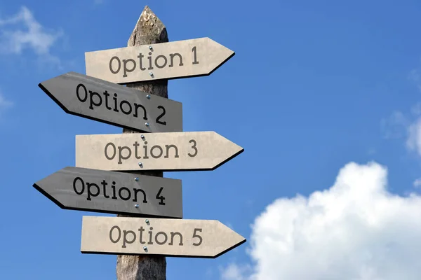 Option Wooden Signpost Five Arrows Sky Clouds — Stock Photo, Image