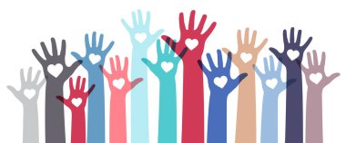 Birçok renkli el ve kalp şekilleri - çeşitlilik kavramı - vektör illüstrasyonu