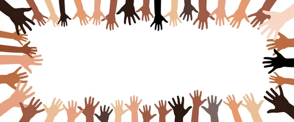Mains Humaines Colorées Avec Différentes Couleurs Peau Fond Blanc Illustration — Image vectorielle