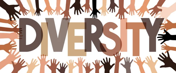 Mãos Humanas Coloridas Com Diferentes Cores Pele Diversidade Palavras Ilustração — Vetor de Stock