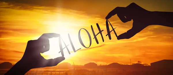 Aloha Mänskliga Händer Som Håller Svart Siluett Ord — Stockfoto