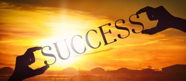 Success - human hands holding black silhouette word clipart