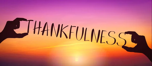 Thankfulness Human Hands Holding Black Silhouette Word — Stock Photo, Image
