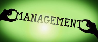 Yönetim - insan eli siyah siluet kelime, eğim arkaplanı