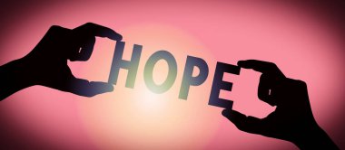 Hope - human hands holding black silhouette word, gradient background clipart