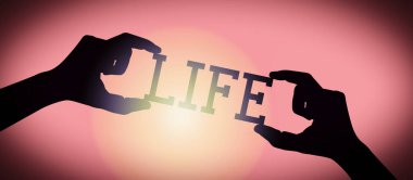 Yaşam - insan eli siyah siluet sözcük, eğim arkaplanı