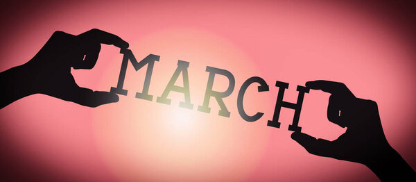 March - human hands holding black silhouette word, gradient background