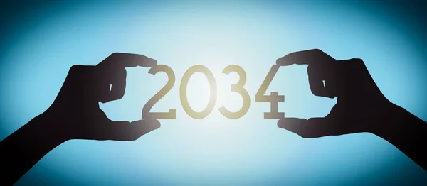 2034 Mãos Humanas Segurando Número Ano Silhueta Preta Fundo Gradiente — Fotografia de Stock