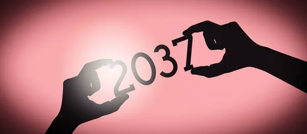 2037 黒のシルエット年番号 グラデーションの背景を持つ人間の手 — ストック写真