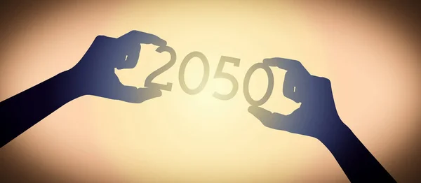 2050 Mänskliga Händer Med Svart Siluett Nummer Lutning Bakgrund — Stockfoto