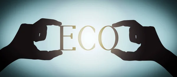 Eco Manos Humanas Sosteniendo Palabra Silueta Negro Fondo Degradado —  Fotos de Stock