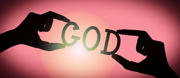 Bóg Ludzkie Ręce Trzymające Czarną Sylwetkę Słowo Gradientowe Tło — Zdjęcie stockowe