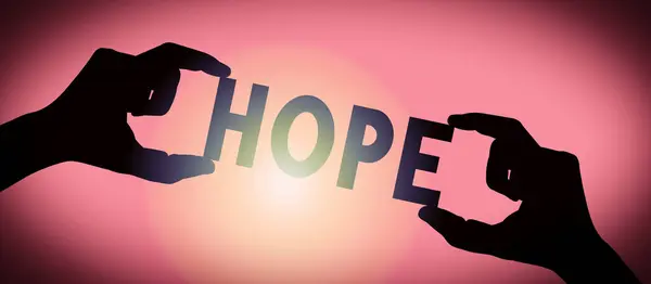 Hope Menschliche Hände Halten Schwarze Silhouette Wort Farbverlauf Hintergrund — Stockfoto