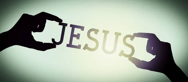 Jezus Ludzkie Ręce Trzymające Czarną Sylwetkę Słowa Gradientowe Tło — Zdjęcie stockowe