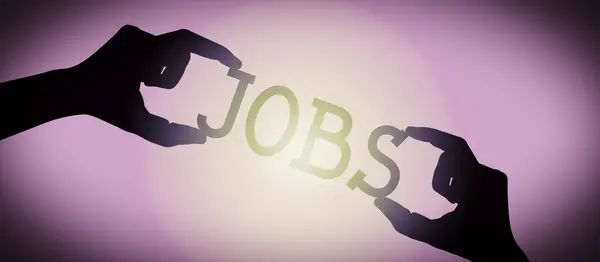Jobs Menselijke Handen Houden Zwart Silhouet Woord Gradiënt Achtergrond — Stockfoto