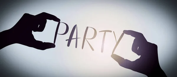 Party Menschliche Hände Halten Schwarze Silhouette Wort Farbverlauf Hintergrund — Stockfoto