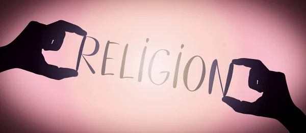 Religion Mains Humaines Tenant Mot Silhouette Noire Fond Dégradé — Photo