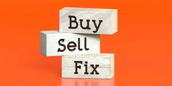 Buy Sell Fix Words Wooden Blocks Illustration — Stock Photo, Image