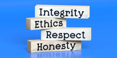 Integrity, ethics, respect, honesty - words on wooden blocks - 3D illustration clipart