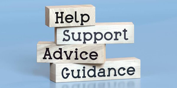 Help, support, advice, guidance - words on wooden blocks - 3D illustration