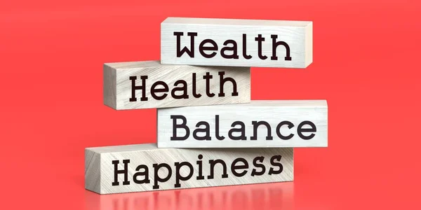 Riqueza Saúde Equilíbrio Felicidade Palavras Blocos Madeira Ilustração — Fotografia de Stock