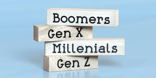Boomers, Gen X, Millenials, Gen Z - Tahta bloklar üzerine kelimeler - 3D illüstrasyon