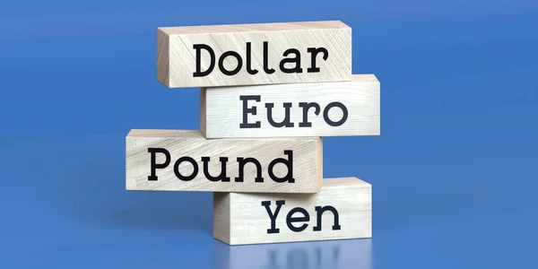 Dólar Euro Libra Iene Palavras Sobre Blocos Madeira Ilustração — Fotografia de Stock