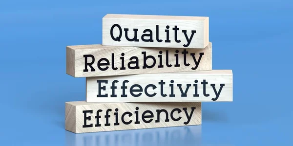 Qualità Affidabilità Efficacia Efficienza Parole Blocchi Legno Illustrazione — Foto Stock