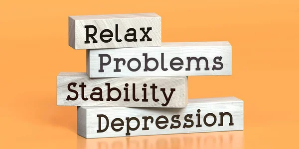 Depressão Problemas Estabilidade Relaxe Palavras Blocos Madeira Ilustração — Fotografia de Stock
