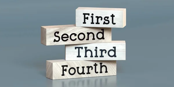 第一に 第二に 第三に 第四に 木製のブロック上の言葉 3Dイラスト — ストック写真